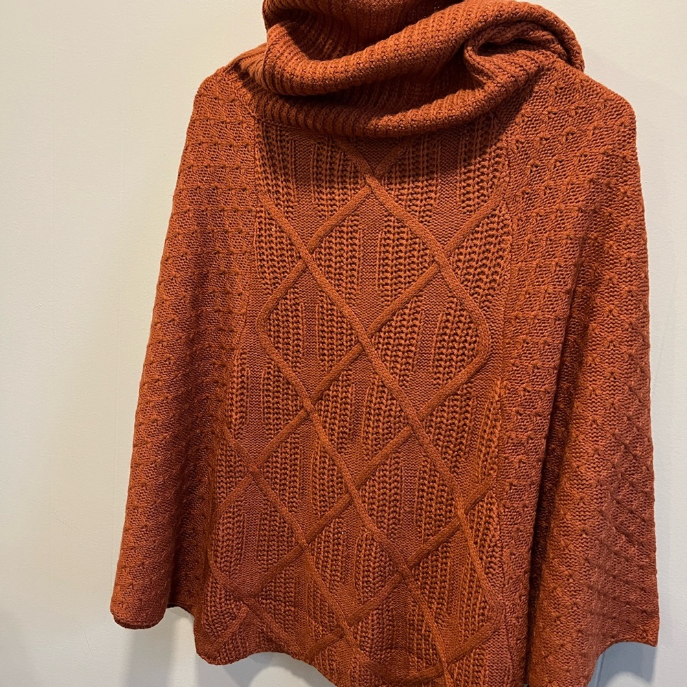 Orange Rust Knit Poncho with Turtleneck and Textured Pattern